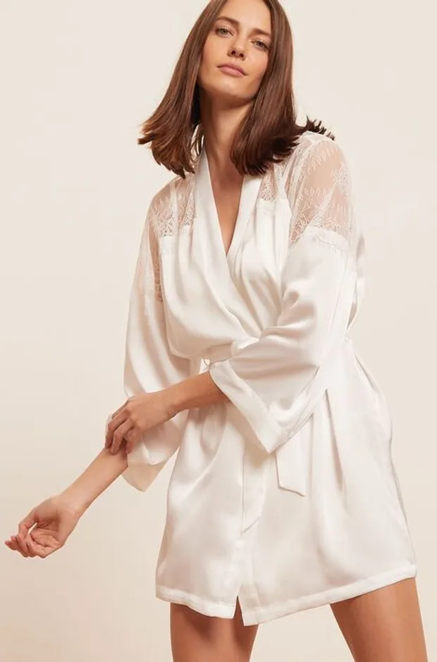 Satin kimono with lace details - CRUSH - BLACK - Etam