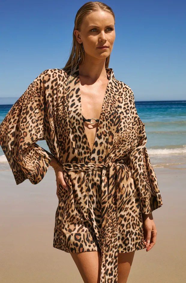 BEASTLY BEACH Leopard Print Cotton Kimono 6559222